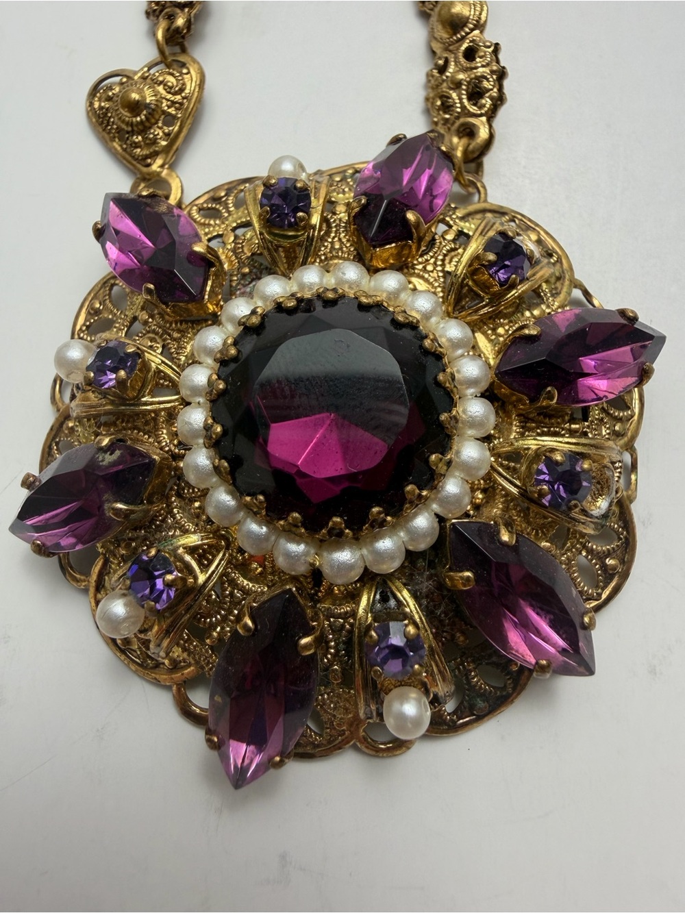 Vintage Gold-Tone Purple Crystal Statement Necklace
